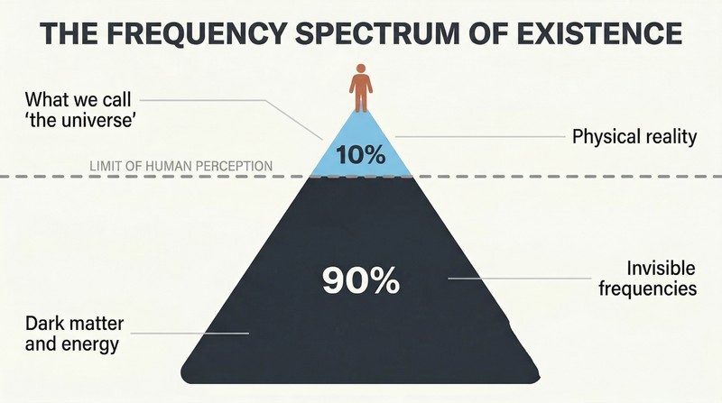 Iceberg diagram showing visible physical reality as a small tip above a perception line, with ninety percent of existence hidden beneath as a vast dark mass.
