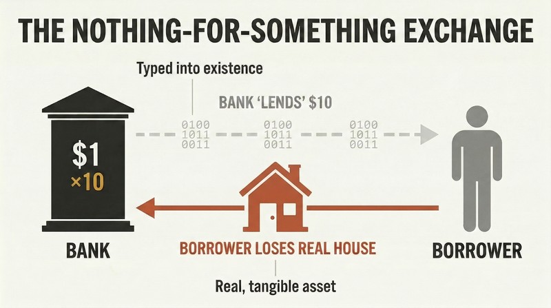 Two-way exchange between a bank and a borrower where digital numbers flow one direction and a real house flows back, revealing the asymmetry of fractional lending.