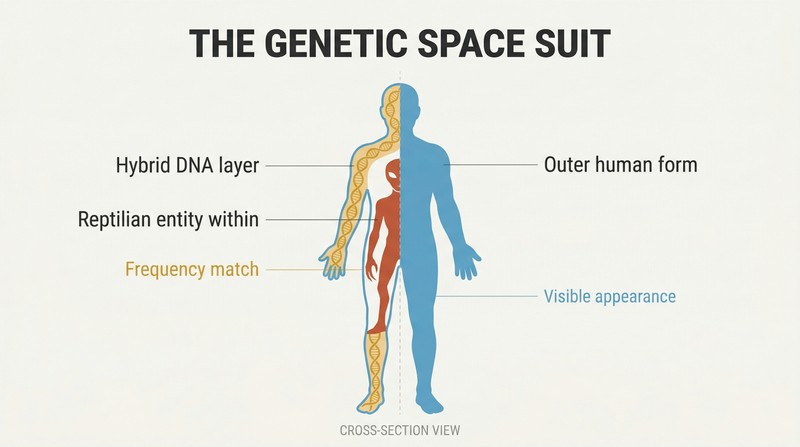 Cross-section of a human silhouette revealing three nested layers: an outer human shell, a middle DNA-frequency band, and an inner reptilian core figure.