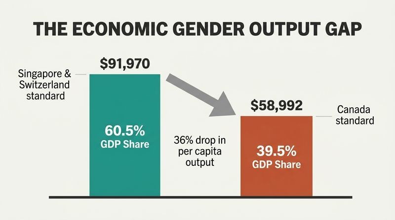 Comparative bar diagram showing that stripping out male labor would drop the living standard of the economy from Singapore level to Canada level.