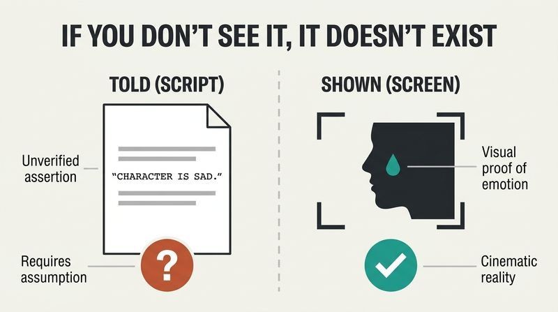 Split panel diagram demonstrating that in film, script statements remain unverified until visually corroborated within the camera frame.