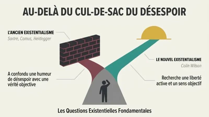 Fork diagram showing how existentialism split: one path dead-ending at a wall of despair, and the other ascending toward open purpose.
