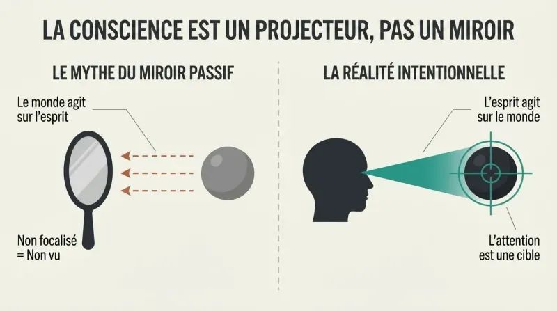 Split-panel diagram contrasting the passive mirror myth of consciousness with the active, intentional beam model of attention.