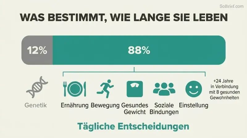 Proportional bar showing genetics as a narrow 12% sliver versus daily lifestyle choices as a dominant 88% segment, with icons for key lifestyle factors below.