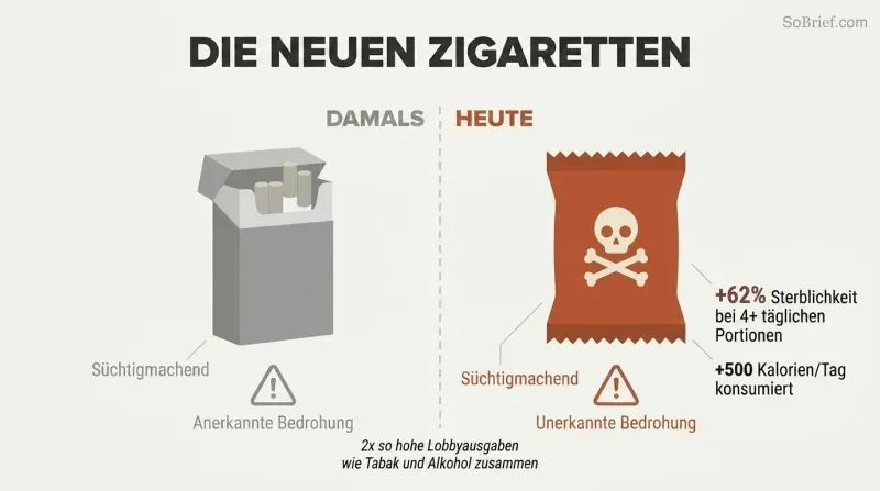 Split panel comparing a faded cigarette pack on the left to a bold ultra-processed food package on the right, with mirrored harm statistics showing the parallel threats.