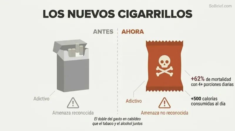 Split panel comparing a faded cigarette pack on the left to a bold ultra-processed food package on the right, with mirrored harm statistics showing the parallel threats.