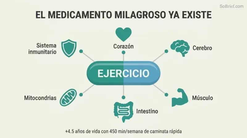 Hub-and-spoke diagram showing a pill-shaped center labeled Exercise radiating benefit lines to six organ system icons arranged around it.