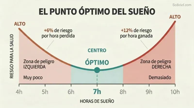 U-shaped curve showing health risk rising on both sides of seven hours of sleep, with the lowest point marked as optimal.