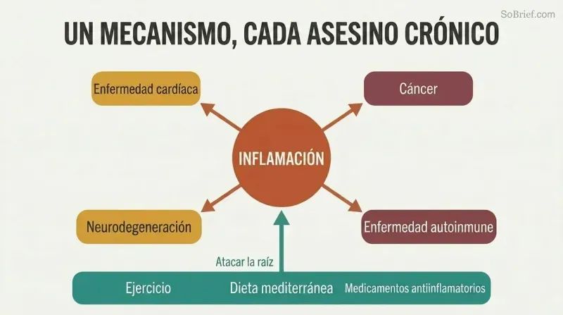 Hub-and-spoke diagram with inflammation at the center connecting outward to four major chronic diseases, with protective interventions shown converging inward on the hub.