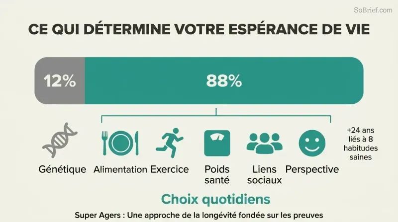 Proportional bar showing genetics as a narrow 12% sliver versus daily lifestyle choices as a dominant 88% segment, with icons for key lifestyle factors below.