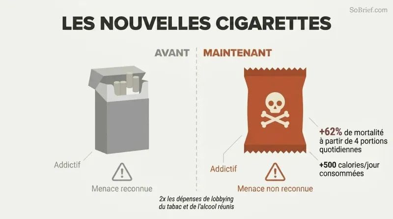 Split panel comparing a faded cigarette pack on the left to a bold ultra-processed food package on the right, with mirrored harm statistics showing the parallel threats.
