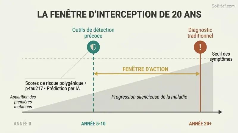 Timeline showing disease silently building over twenty years beneath a symptom threshold, with an early interception point in teal contrasted against a late traditional diagnosis in terracotta.