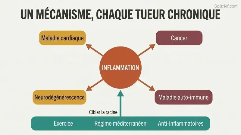 Hub-and-spoke diagram with inflammation at the center connecting outward to four major chronic diseases, with protective interventions shown converging inward on the hub.