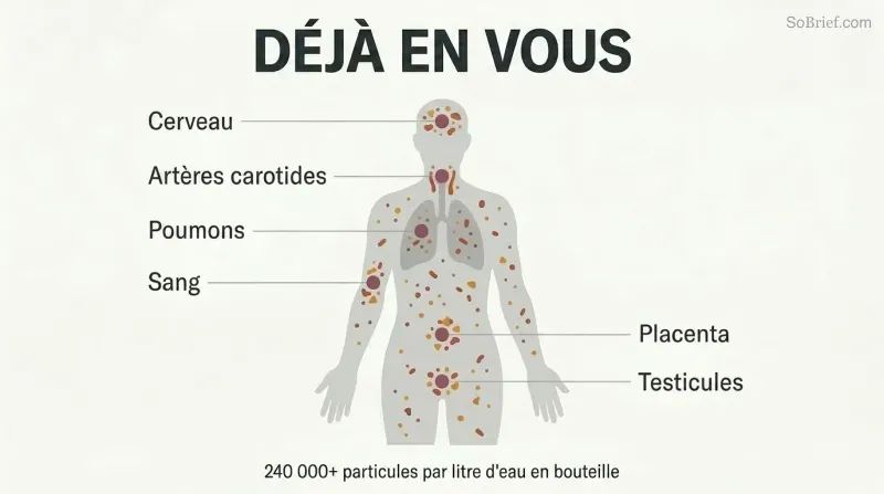 Human body silhouette containing scattered hazard particles with labeled arrows pointing to six contaminated organ sites including brain, arteries, blood, lungs, and more.