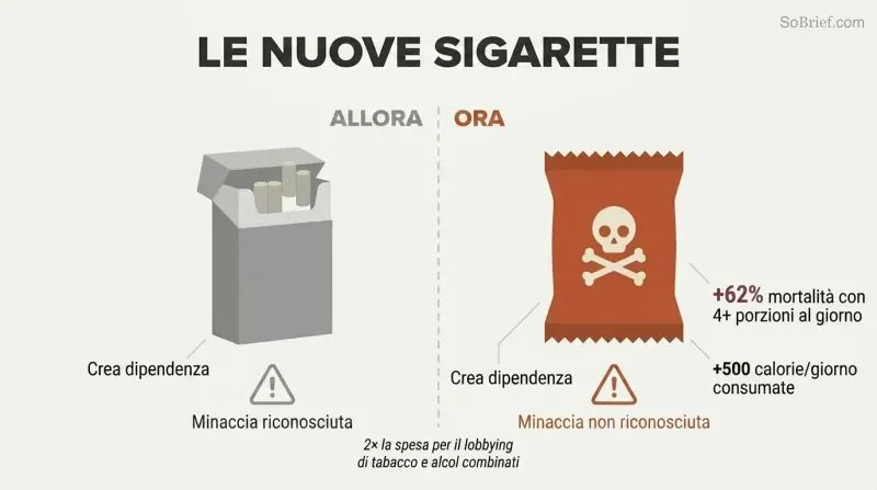 Split panel comparing a faded cigarette pack on the left to a bold ultra-processed food package on the right, with mirrored harm statistics showing the parallel threats.