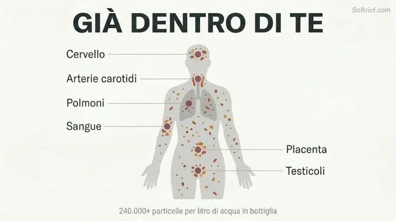 Human body silhouette containing scattered hazard particles with labeled arrows pointing to six contaminated organ sites including brain, arteries, blood, lungs, and more.