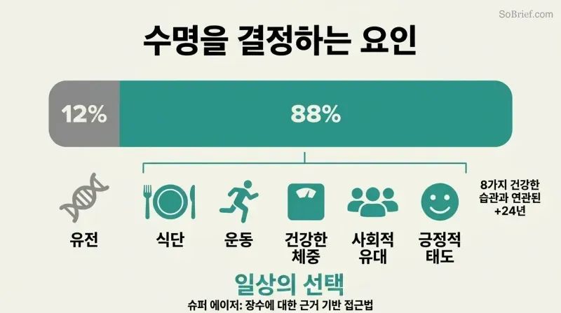 Proportional bar showing genetics as a narrow 12% sliver versus daily lifestyle choices as a dominant 88% segment, with icons for key lifestyle factors below.