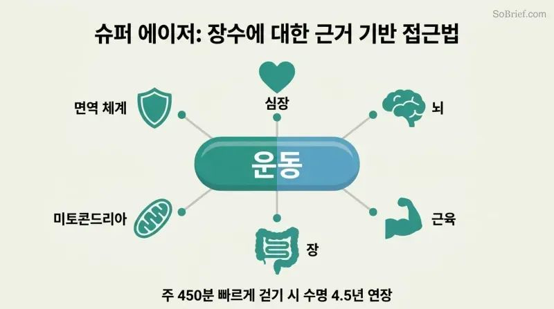 Hub-and-spoke diagram showing a pill-shaped center labeled Exercise radiating benefit lines to six organ system icons arranged around it.