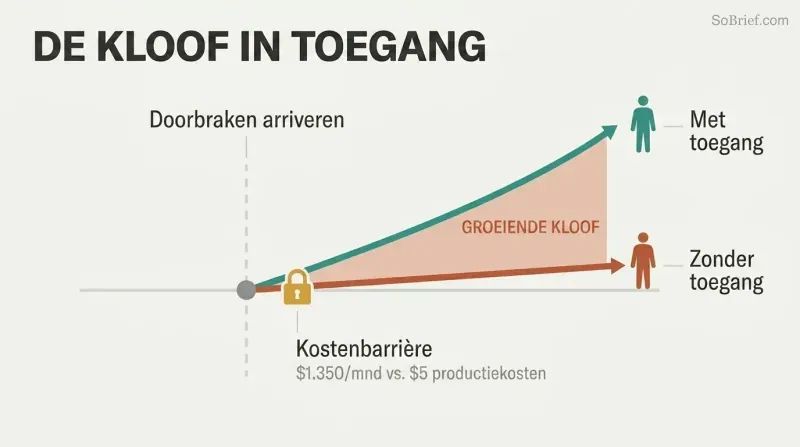Two diverging lines from a shared point show health span rising for those with access while staying flat for those without, with the widening gap between them highlighted.