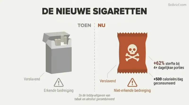 Split panel comparing a faded cigarette pack on the left to a bold ultra-processed food package on the right, with mirrored harm statistics showing the parallel threats.