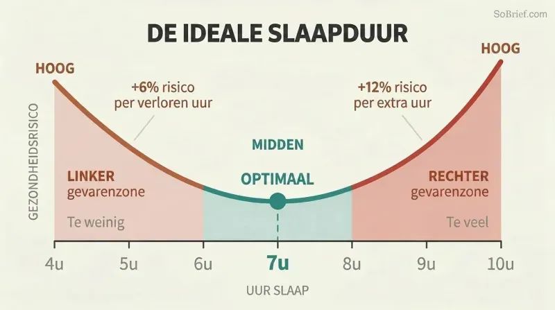 U-shaped curve showing health risk rising on both sides of seven hours of sleep, with the lowest point marked as optimal.