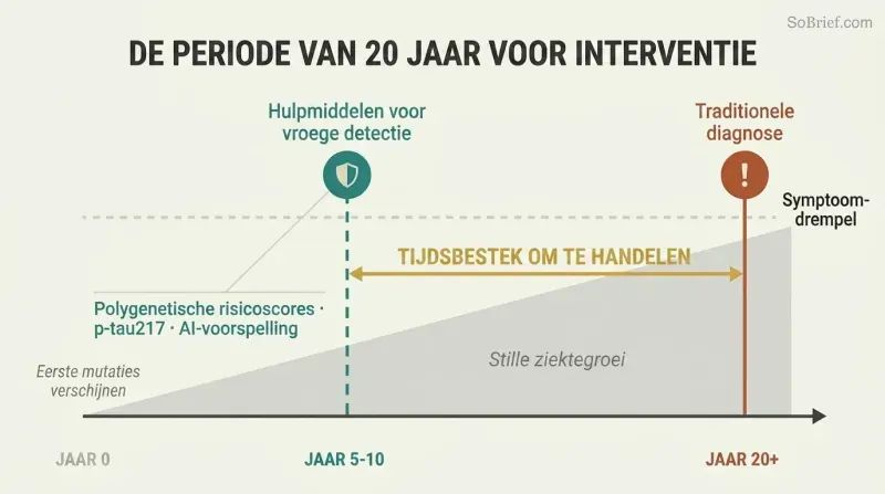 Timeline showing disease silently building over twenty years beneath a symptom threshold, with an early interception point in teal contrasted against a late traditional diagnosis in terracotta.