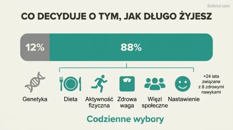 Proportional bar showing genetics as a narrow 12% sliver versus daily lifestyle choices as a dominant 88% segment, with icons for key lifestyle factors below.