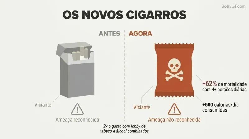 Split panel comparing a faded cigarette pack on the left to a bold ultra-processed food package on the right, with mirrored harm statistics showing the parallel threats.