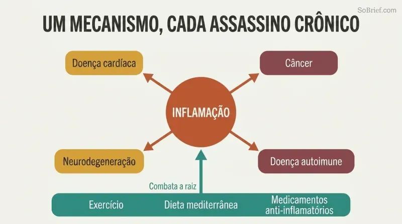 Hub-and-spoke diagram with inflammation at the center connecting outward to four major chronic diseases, with protective interventions shown converging inward on the hub.