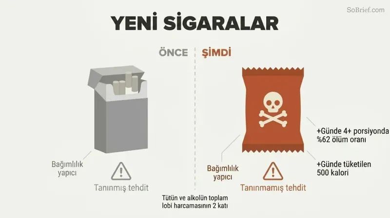 Split panel comparing a faded cigarette pack on the left to a bold ultra-processed food package on the right, with mirrored harm statistics showing the parallel threats.