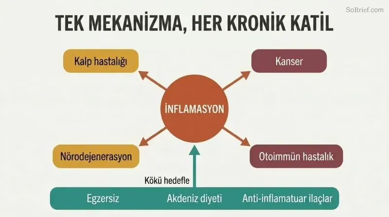 Hub-and-spoke diagram with inflammation at the center connecting outward to four major chronic diseases, with protective interventions shown converging inward on the hub.