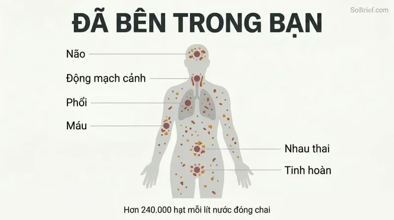 Human body silhouette containing scattered hazard particles with labeled arrows pointing to six contaminated organ sites including brain, arteries, blood, lungs, and more.