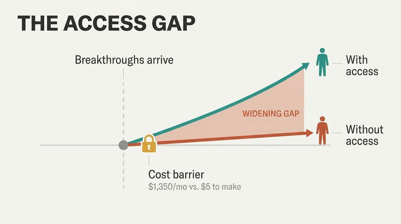 Two diverging lines from a shared point show health span rising for those with access while staying flat for those without, with the widening gap between them highlighted.