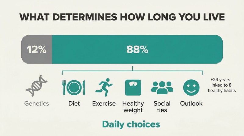 Proportional bar showing genetics as a narrow 12% sliver versus daily lifestyle choices as a dominant 88% segment, with icons for key lifestyle factors below.