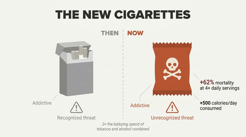 Split panel comparing a faded cigarette pack on the left to a bold ultra-processed food package on the right, with mirrored harm statistics showing the parallel threats.