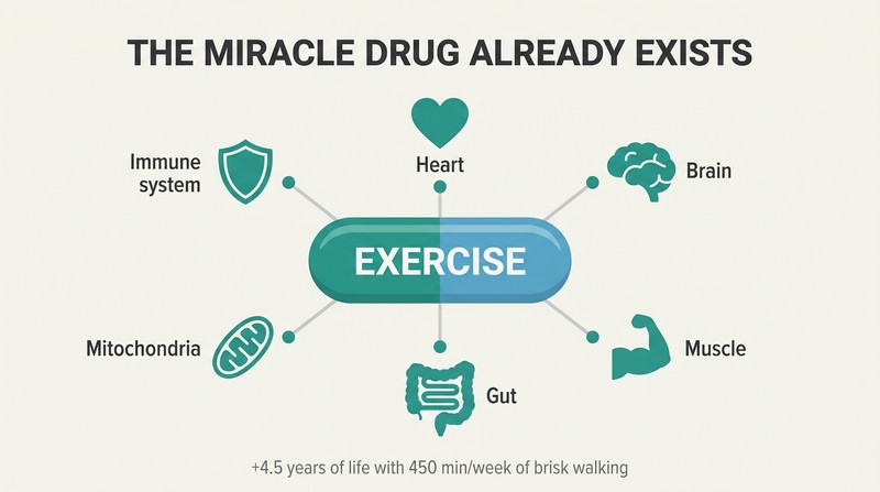 Hub-and-spoke diagram showing a pill-shaped center labeled Exercise radiating benefit lines to six organ system icons arranged around it.