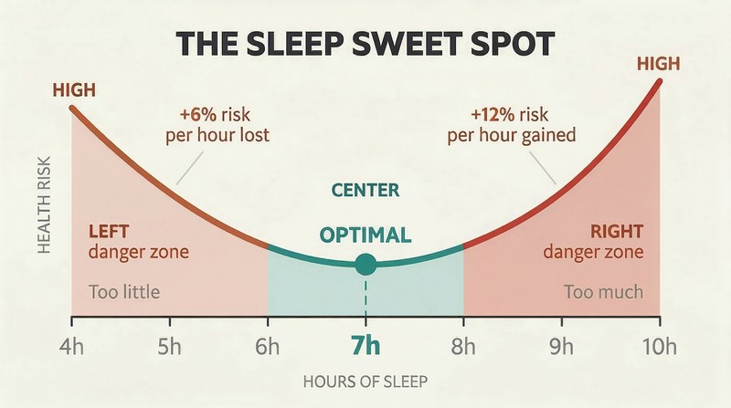 U-shaped curve showing health risk rising on both sides of seven hours of sleep, with the lowest point marked as optimal.