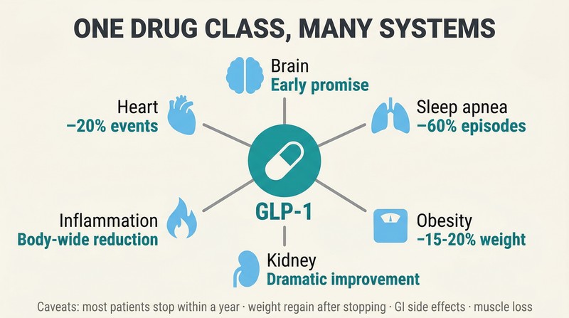 Hub-and-spoke diagram with a GLP-1 pill icon at center radiating outward to six organ-system icons showing percentage improvements across heart, kidney, brain, lungs, weight, and inflammation.