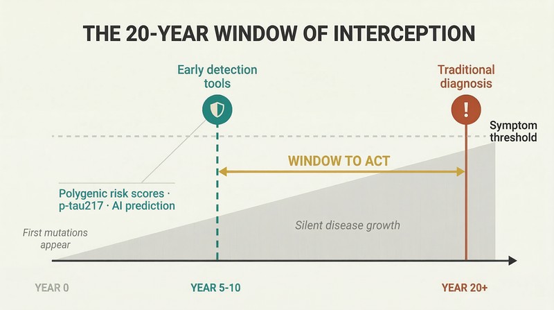 Timeline showing disease silently building over twenty years beneath a symptom threshold, with an early interception point in teal contrasted against a late traditional diagnosis in terracotta.