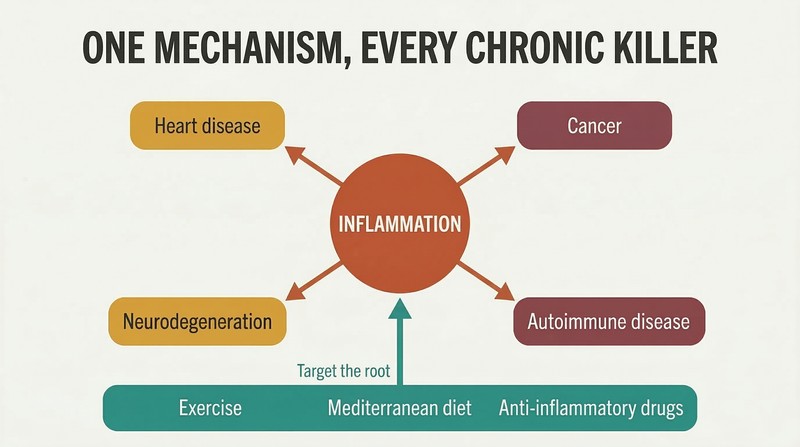 Hub-and-spoke diagram with inflammation at the center connecting outward to four major chronic diseases, with protective interventions shown converging inward on the hub.