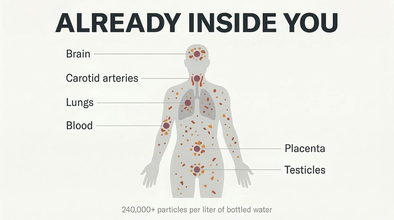 Human body silhouette containing scattered hazard particles with labeled arrows pointing to six contaminated organ sites including brain, arteries, blood, lungs, and more.