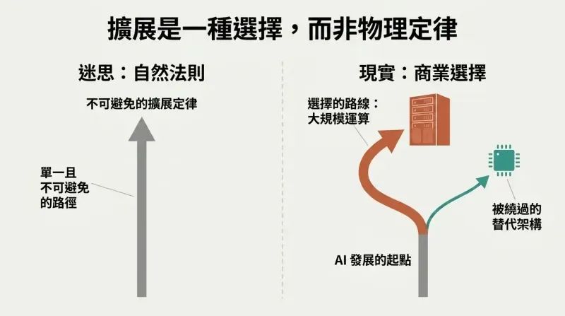 Split panel diagram comparing the myth of scaling as an inevitable law of physics with the reality of scaling as a commercial business choice that bypassed efficient technological alternatives.