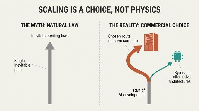 Split panel diagram comparing the myth of scaling as an inevitable law of physics with the reality of scaling as a commercial business choice that bypassed efficient technological alternatives.