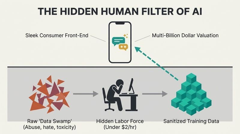 Iceberg diagram displaying a clean consumer AI interface above water, while showing a hidden, underpaid worker below filtering toxic raw data into sanitized training code.