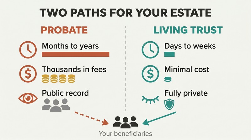 Split panel comparing probate and living trust across time, cost, and privacy, showing probate as slow, expensive, and public versus a living trust as fast, affordable, and private.