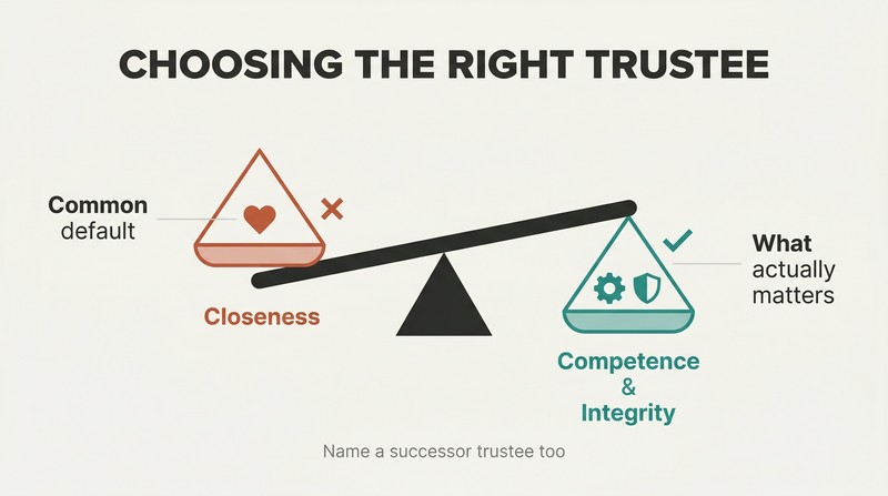 Tilting balance scale where competence and integrity weigh down one side while closeness alone rises on the lighter side.