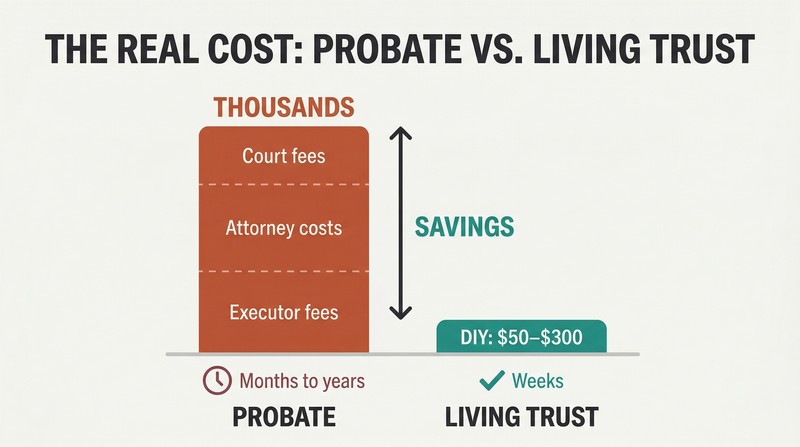 Two vertical bars comparing probate costs and living trust costs, with the probate bar towering over the much smaller trust bar to show dramatic savings.