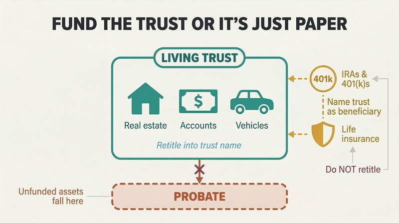 Containment diagram showing assets retitled inside a trust shield, exception assets linked by beneficiary lines, and unfunded assets falling into probate below.