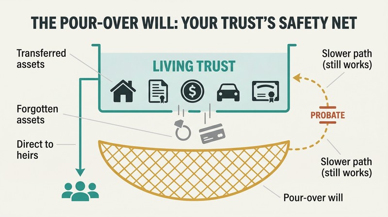 Layered diagram showing assets inside a trust container above a safety net that catches forgotten assets, routing them through probate back into the trust.