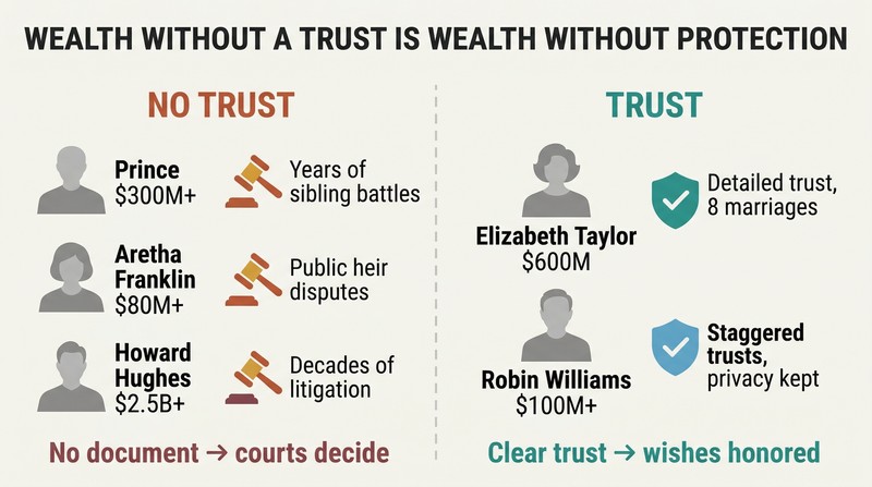 Split panel comparing three celebrity estates destroyed by lack of trusts on the left with two estates preserved through trusts on the right.
